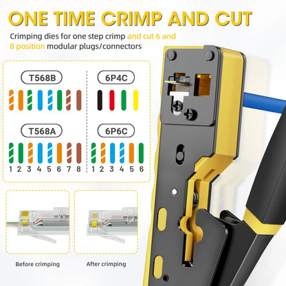 RJ45 Crimp Tool Kit All-in-One Ethernet Crimper Cat7 Cat6 Cat5 Crimping Tool with Network Cable Tester, 50-Pack Cat6 RJ45 Pass Through Connector, 50-Pack Connector Boots