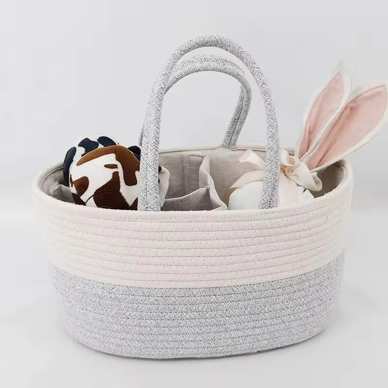Baby Changing Basket Includes Diaper Caddy - Soft & Waterproof Dual-Cover, Portable, Changing Pad for Dresser & Changing Table, Gift for Baby Shower, Organic Cotton Rope