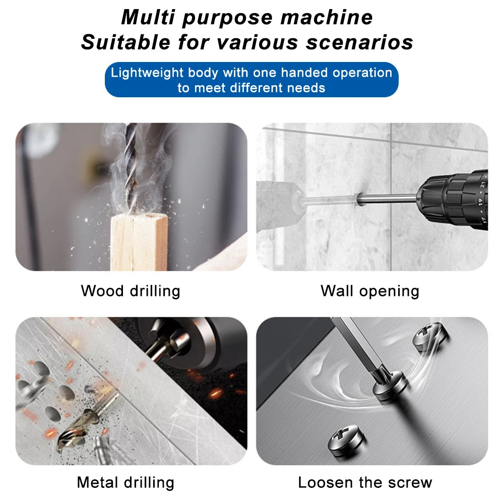 Cordless Drill: Multifunctional 21V rechargeable impact drill lithium battery cross-border flashlight gun drill electric screwdriver electric dr