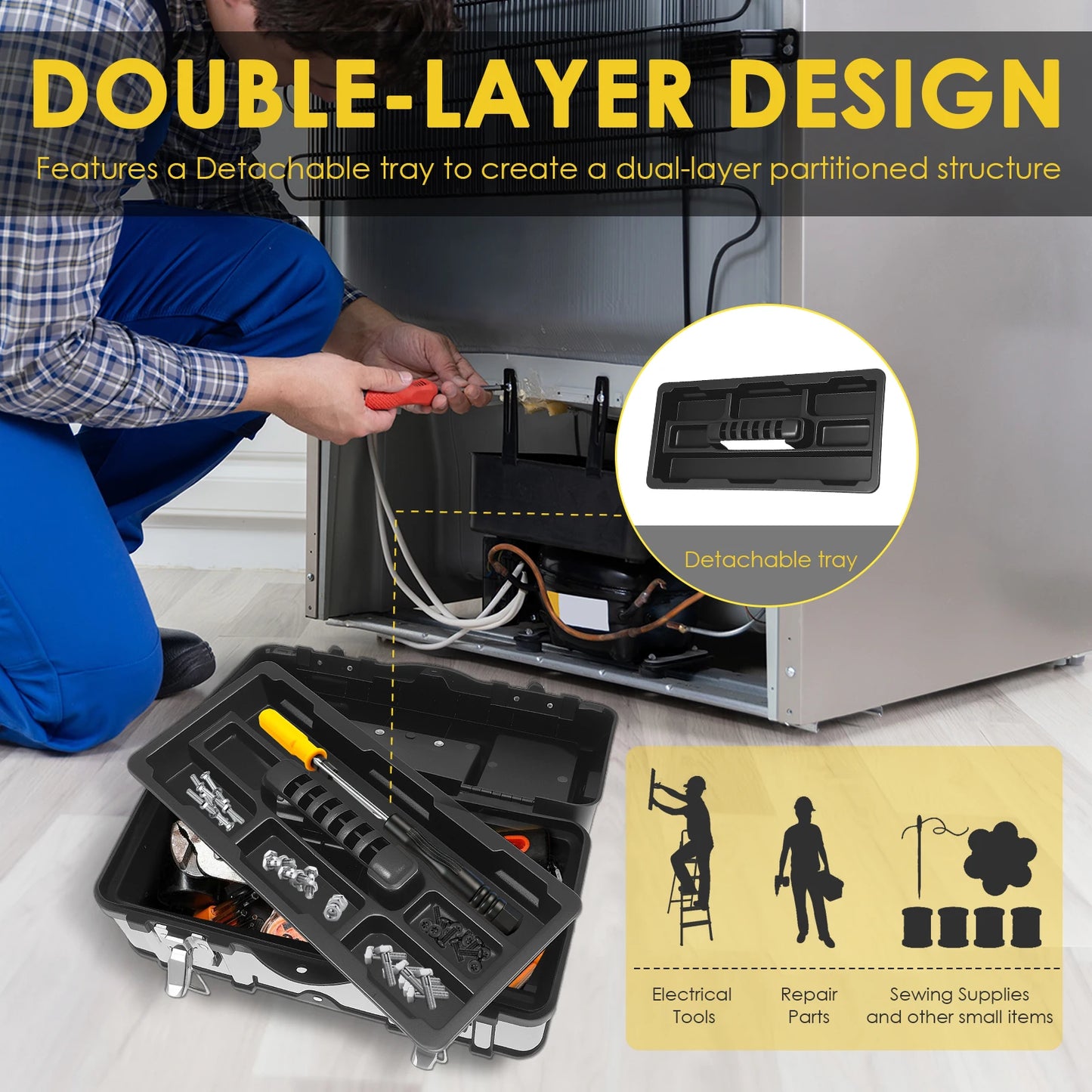 Tool Box, Deep, Long Handle, Extra Large Design, Fixed Divider for Tool Organization, Water and Debris Resistant
