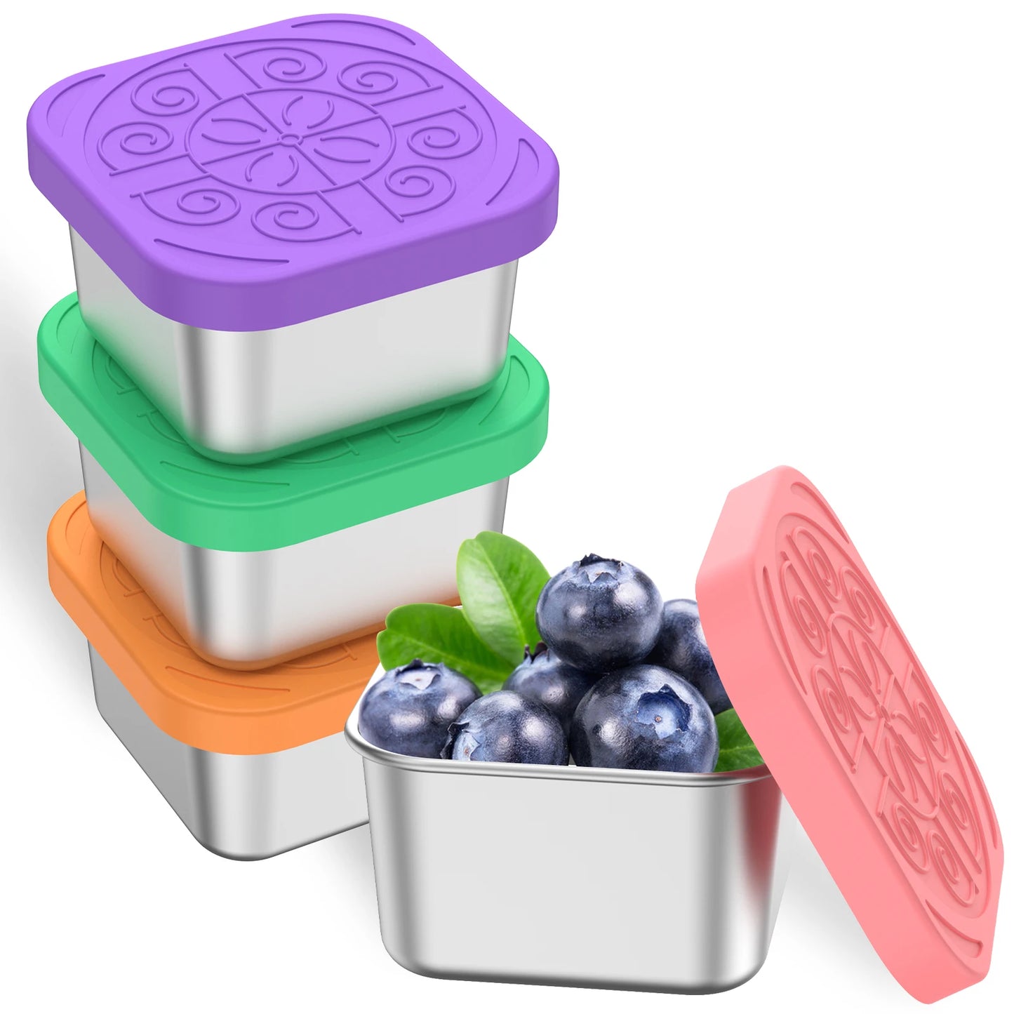4Pcs 2/6oz Stainless Steel Snack Container Sauce Container with Silicone Lids Leakproof Portable Stackable Dressing Food Storage