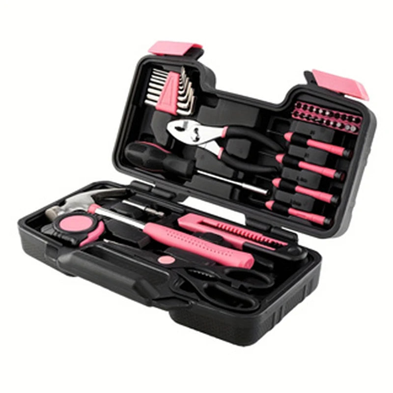 39pc Pink Home DIY Repair Tool Kit Set. Women Ladies Beginner Complete Hand Tools in a Portable Toolbox Case for the Household and Office