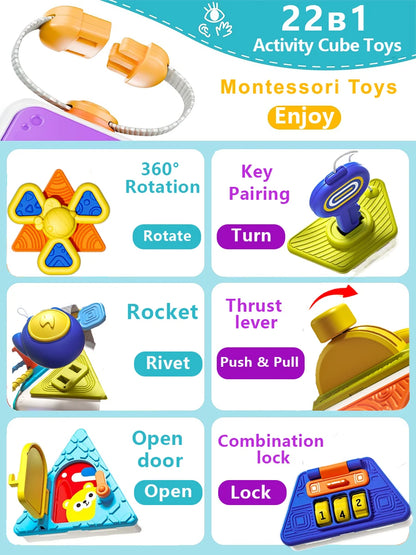 22-in-1 Baby Busy Board Activity Cube Toys Montessori Toy Educational Learning Sensory Travel Toys for Infant Christmas Gifts