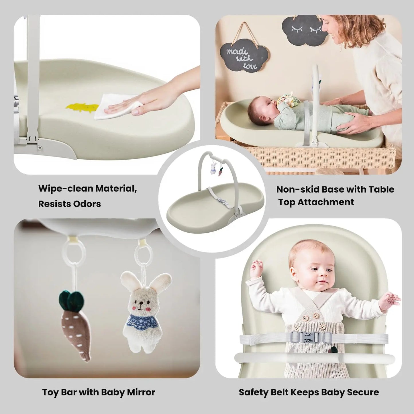 Baby Changing Mat with Safety Harness and Cat Ear Toys Shelf, Anti Roll Wedge Baby Changing Pad, Easy Wipe Clean Waterproof