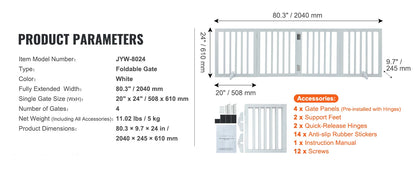 White Metal Dog Gate for Small Dogs - Short Freestanding Puppy Gate with Retractable Sliding Rail, No Installation, Indoor/Outdoor Use, Foldable & Portable Pet Barrier