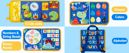 Toddler Busy Board Montessori Toys Learning Educational Activities Travel Toy Dinosaur Dress up Sensory Life Skill Backpack