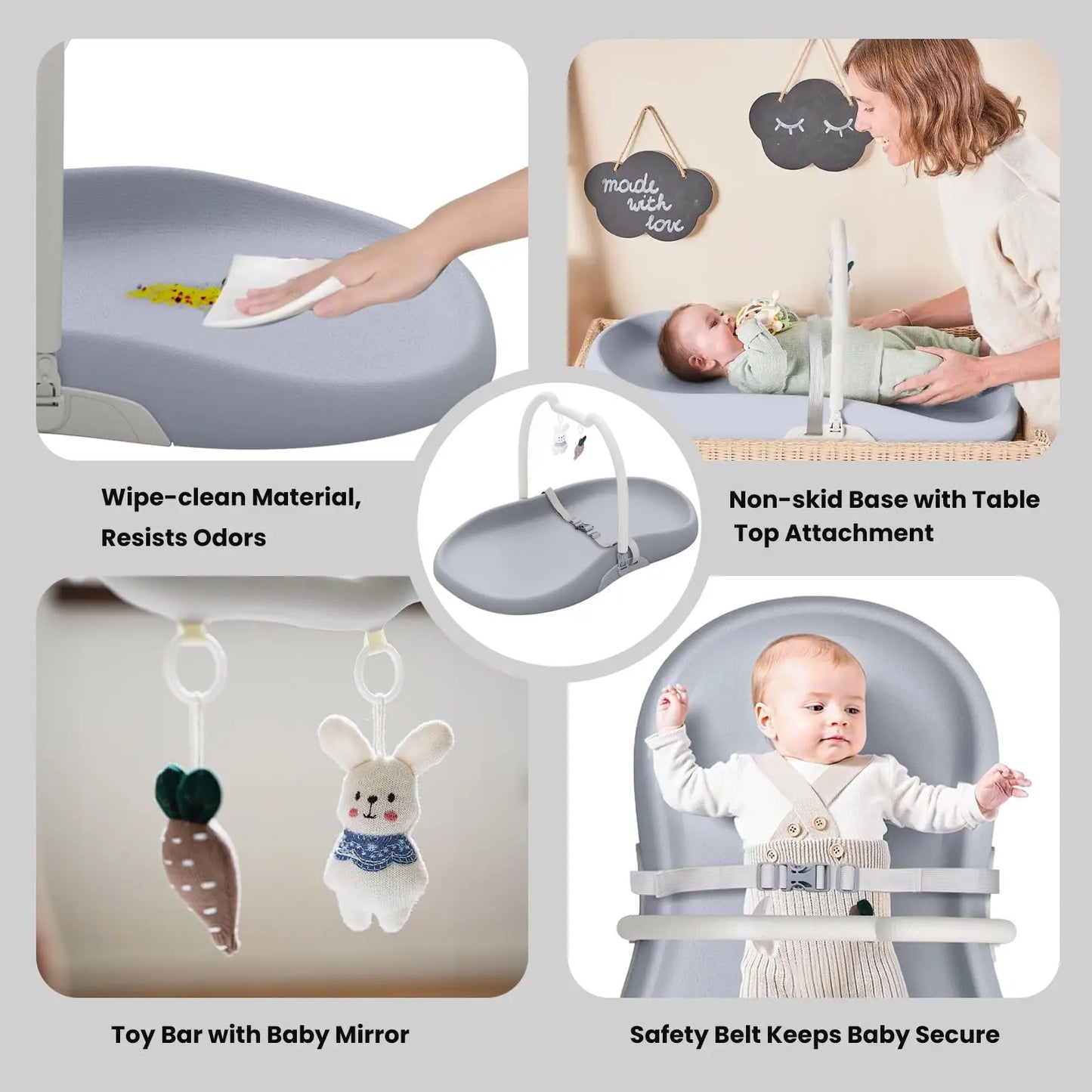 Baby Changing Mat with Safety Harness and Cat Ear Toys Shelf, Anti Roll Wedge Baby Changing Pad, Easy Wipe Clean Waterproof