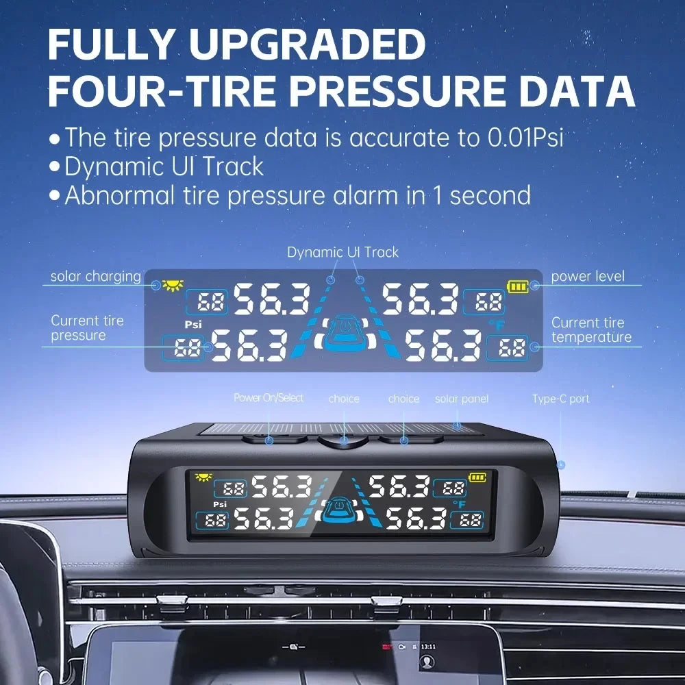 T121 USB/Solar TPMS Car Tyre Monitor with 4 External Temperature Sensors Digital LCD Display 0-6.8Bar Tire Pressure Gauge