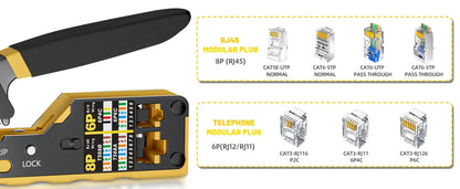 RJ45 Crimp Tool Kit All-in-One Ethernet Crimper Cat7 Cat6 Cat5 Crimping Tool with Network Cable Tester, 50-Pack Cat6 RJ45 Pass Through Connector, 50-Pack Connector Boots