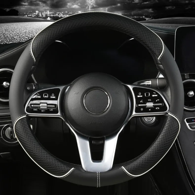 All Seasons Leather Diamond Steering Wheel Cover Universal Fit for 14 .5-15 Inch Durable Leather Cover Anti-Slip Veins Design