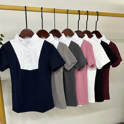 M LOGO Equestrian t-Shirts Short Sleeve Tops Horse Riding Clothing Women Button Training Rider Blouse Competition Show Top