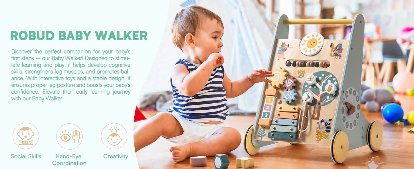 ROBOTIME ROBUD Wooden Baby Walker Baby Push Walker with Activity Center and Storage Montessori Walker Toy for Boys and Girls