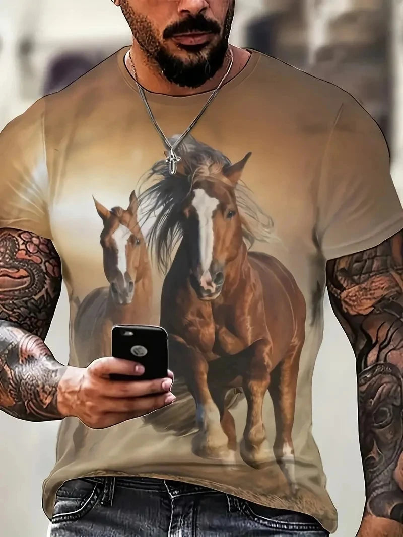 Black White Horse Graphic 3d Full Print T-shirt For Men Fashion Short Sleeve Crew Neck Tshirt Casual Summer Oversized Unisex Top