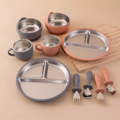 5PCS Baby Feeding Set | Stainless Steel Suction Plates and Bowls with Silicone Fork and Spoon Utensils | Baby Led Weaning Tableware for Toddlers & Kids