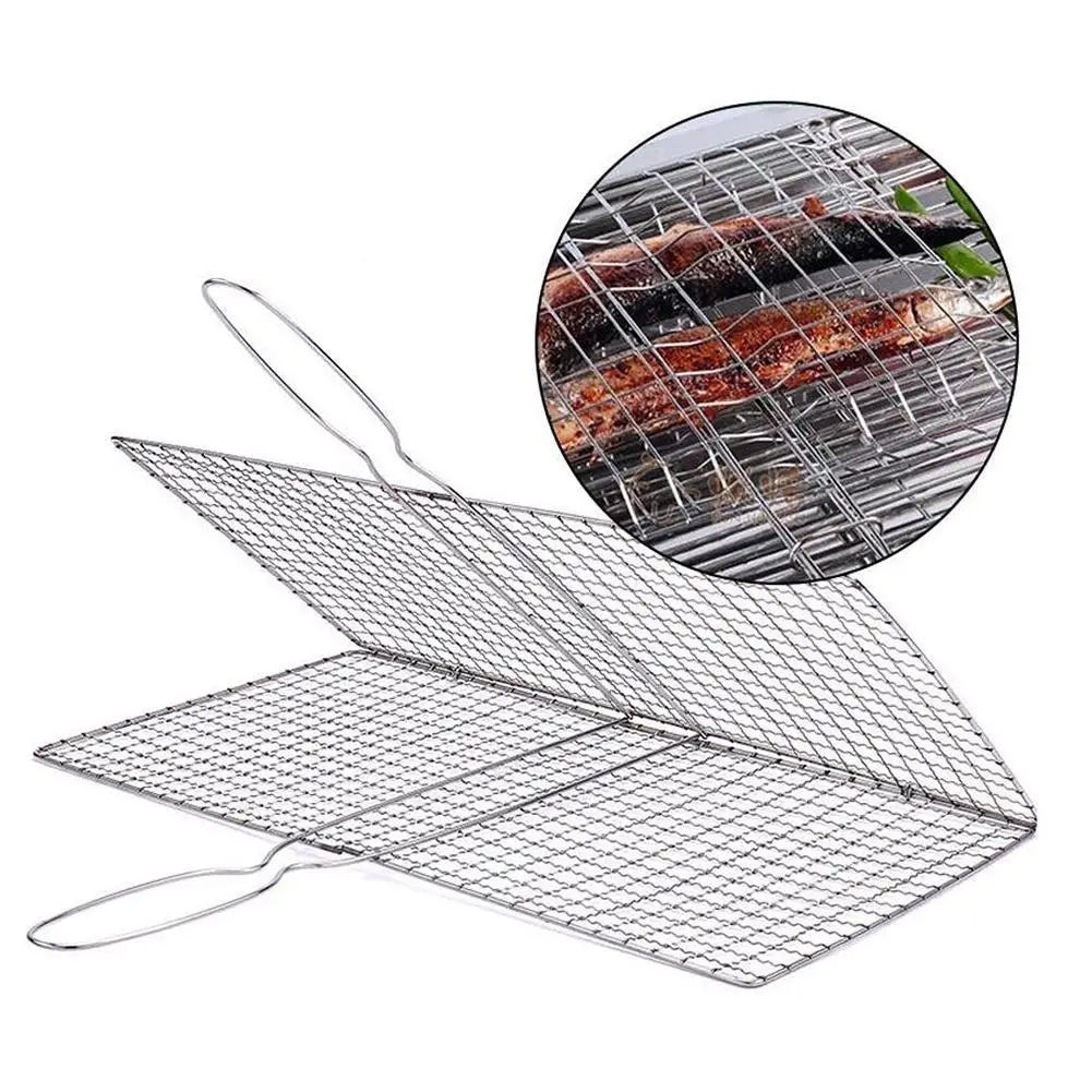M/L Barbecue Grilling Basket Grill BBQ Net Steak Meat Fish Net Vegetable Silver Iron Mesh Clamp Barbecue Grilling Basket Grill
