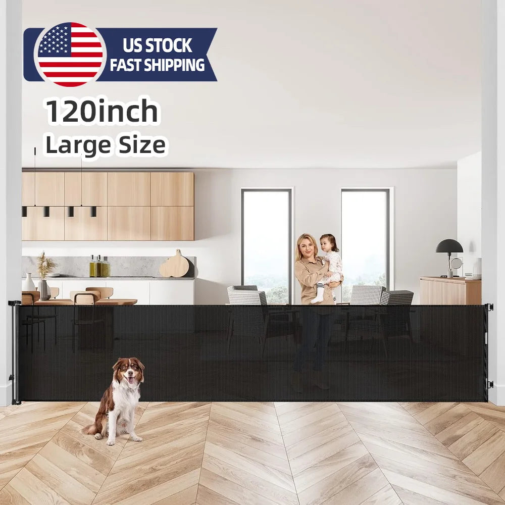 120inch Extra Wide Baby Safe Doorways Retractable Baby Gate Baby Safety Gate For Stairs Doorway Indoor Metal Dog Gate Balck Grey