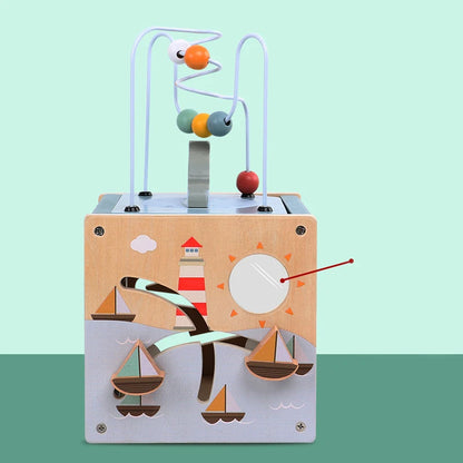 Wooden Activity Cube for Toddlers 5in1 Animal Shape Sorter Bead Maze Montessori Educational Toys Baby 6-12 Months Learning Toys