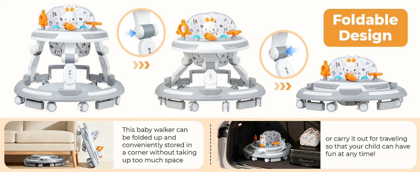 Safety-Enhanced 4-In-1 Grow-With-Me Baby Walker & Play Center - Adjustable 8 Heights, Anti-Tip Base, 8 Silent Brake Wheels