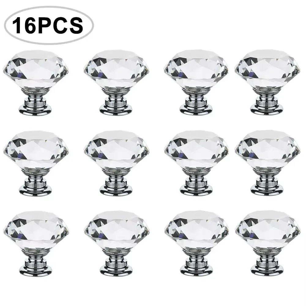 Passage Glass Door Knobs Interior, 16Pcs Diamond Furniture Door Knobs Crystal Glass Pot Cover Handles Cabinet Pull Decorative for Dresser Cupboard Wardrobe