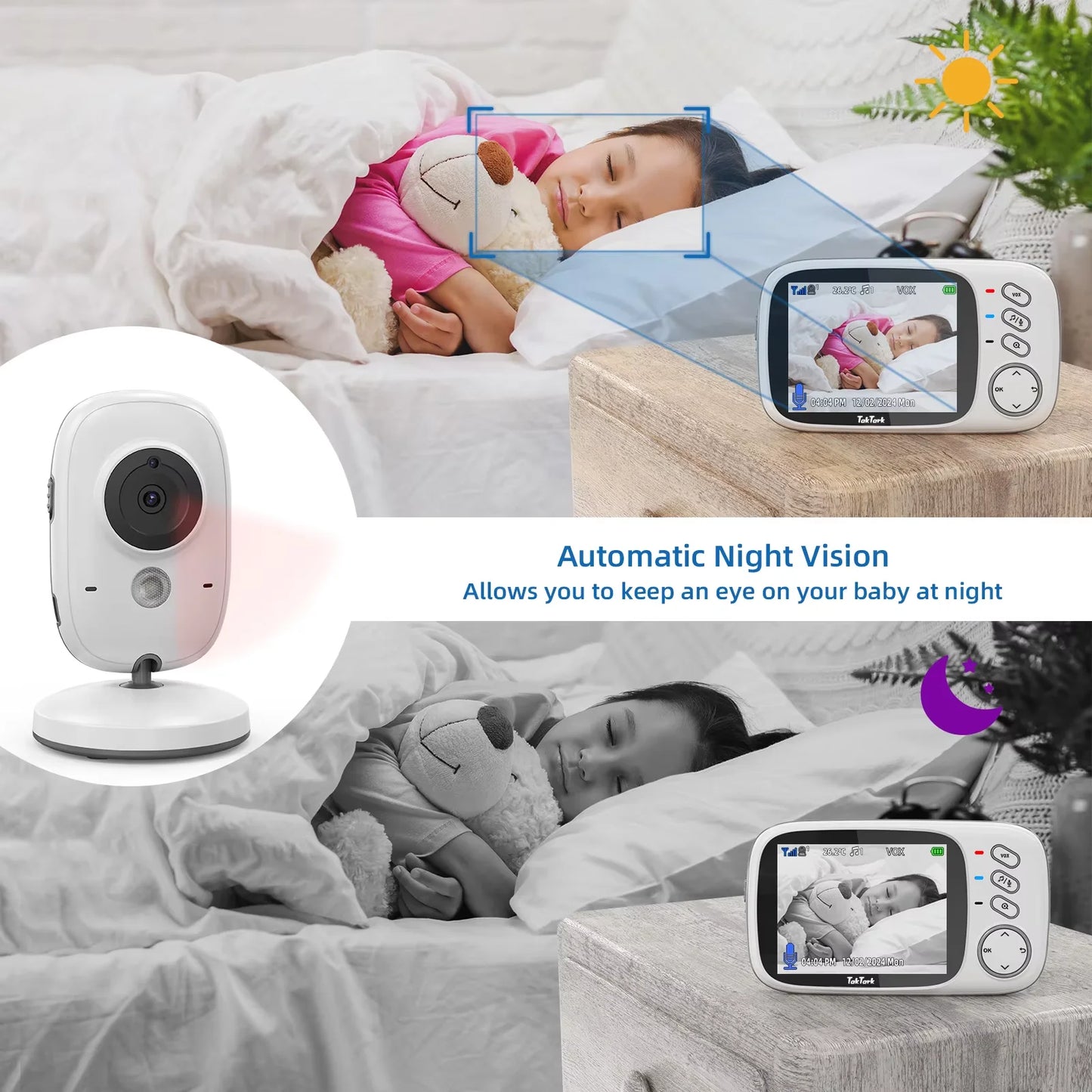 TakTark 3.2 Inch Wireless Video Baby Monitor Auto Night Vision Two-Way Intercom Temperature Monitoring Surveillance Camera Nanny
