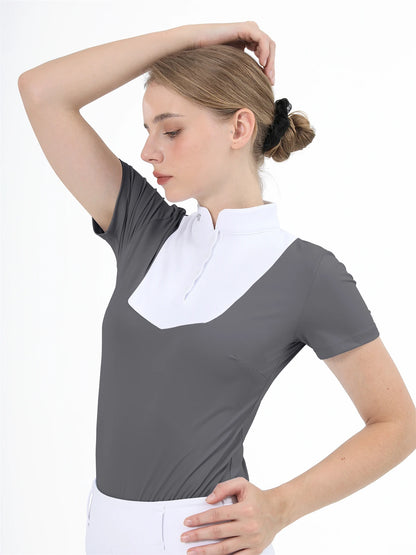 M LOGO Equestrian t-Shirts Short Sleeve Tops Horse Riding Clothing Women Button Training Rider Blouse Competition Show Top