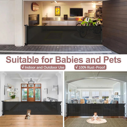 120inch Extra Wide Baby Safe Doorways Retractable Baby Gate Baby Safety Gate For Stairs Doorway Indoor Metal Dog Gate Balck Grey