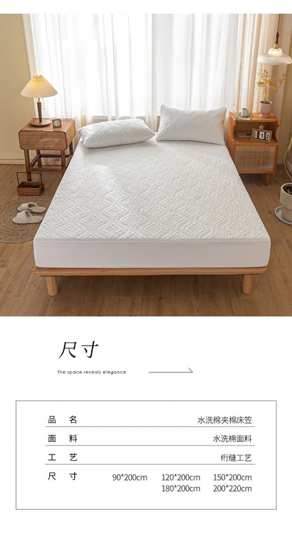 2025 new simple solid color washed cotton waterproof padded fitted sheet, No pillowcase, household mattress protective cover