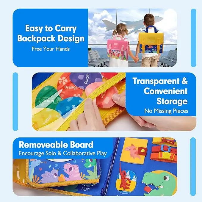 Toddler Busy Board Montessori Toys Learning Educational Activities Travel Toy Dinosaur Dress up Sensory Life Skill Backpack
