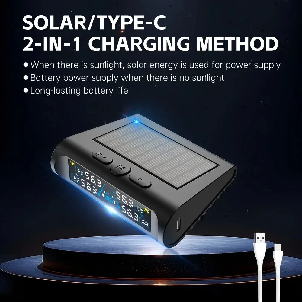 T121 USB/Solar TPMS Car Tyre Monitor with 4 External Temperature Sensors Digital LCD Display 0-6.8Bar Tire Pressure Gauge