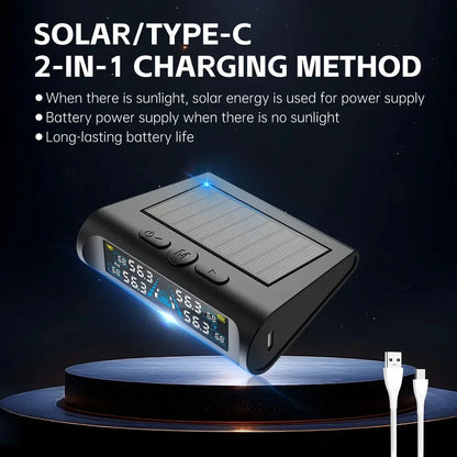 T121 USB/Solar TPMS Car Tyre Monitor with 4 External Temperature Sensors Digital LCD Display 0-6.8Bar Tire Pressure Gauge