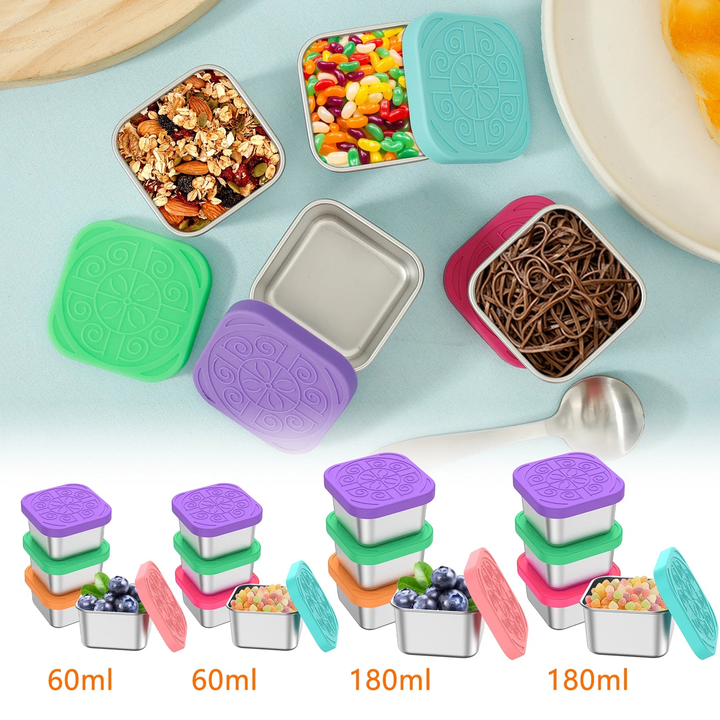 4Pcs 2/6oz Stainless Steel Snack Container Sauce Container with Silicone Lids Leakproof Portable Stackable Dressing Food Storage