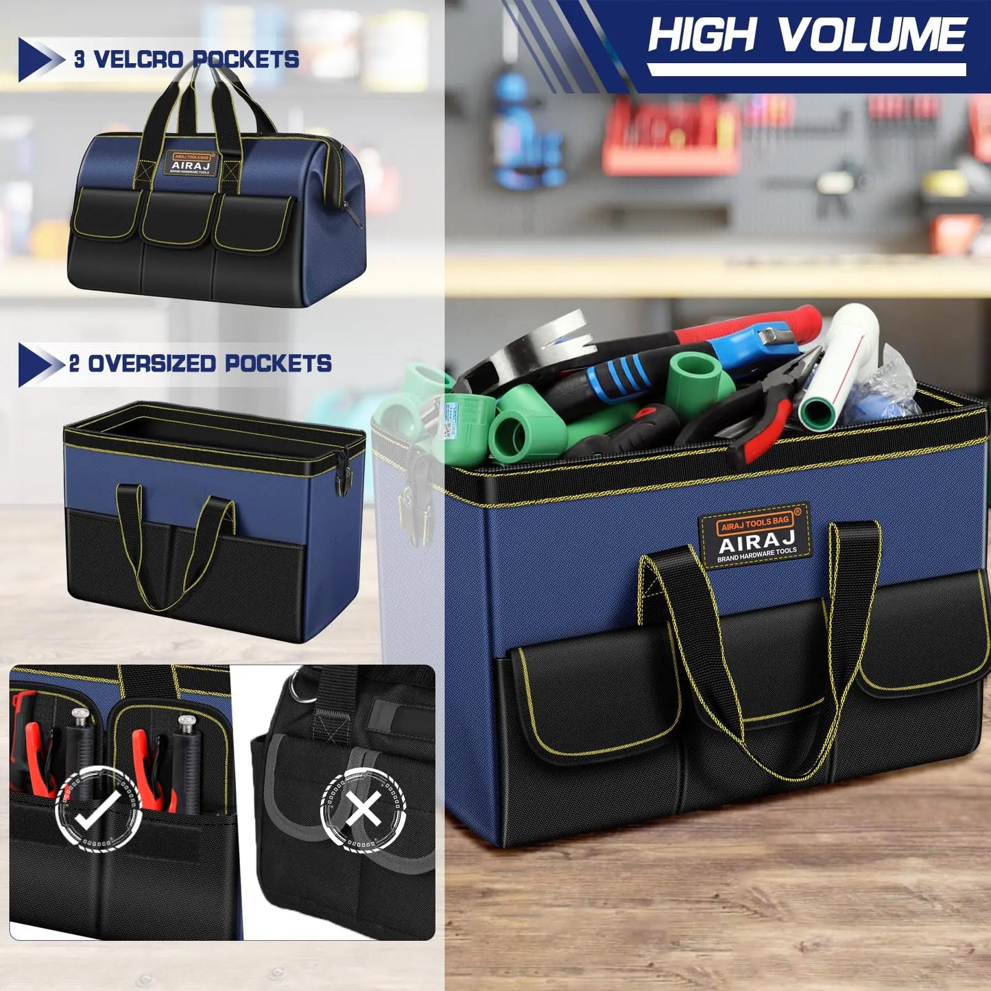 Tool Bag for Men with Waterproof Hard Bottom, Heavy Duty Tool Bag Wide Mouth Tote for Various Instrument, Electrician Carpenter Mechanic