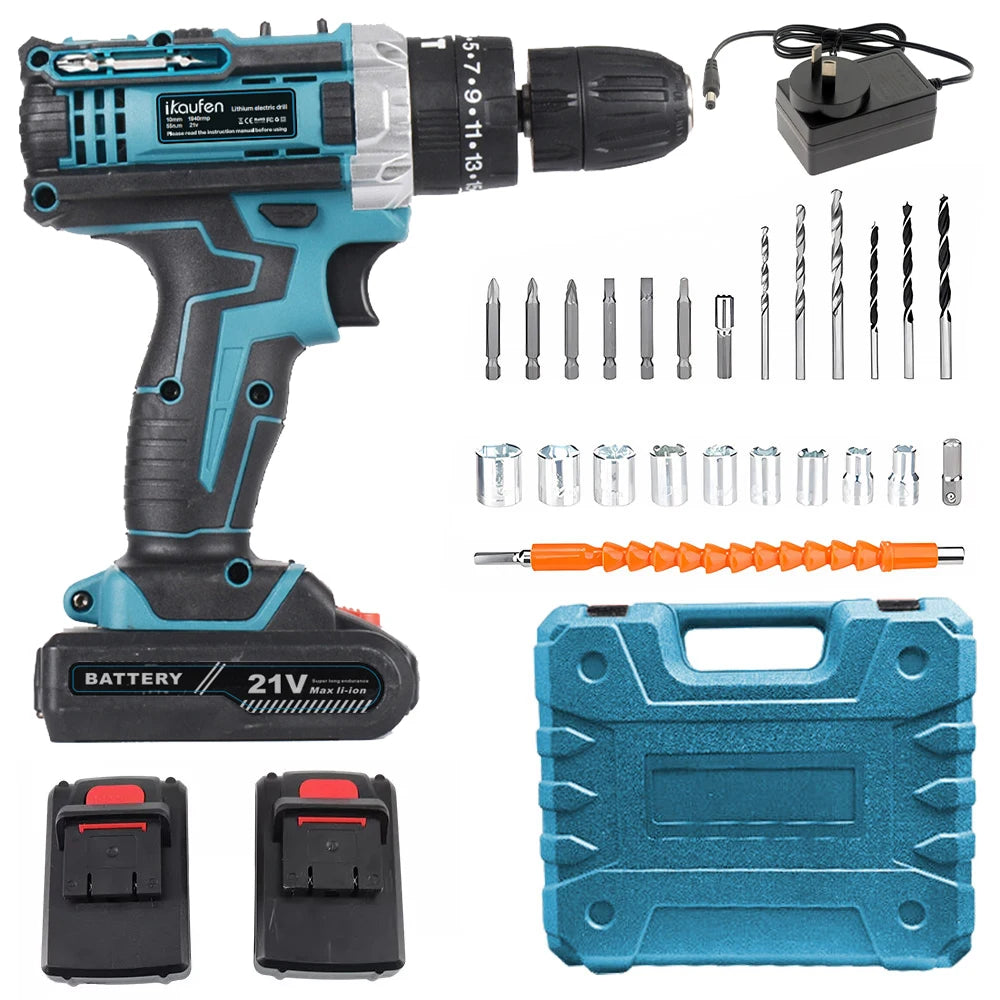 Cordless Drill: Multifunctional 21V rechargeable impact drill lithium battery cross-border flashlight gun drill electric screwdriver electric dr