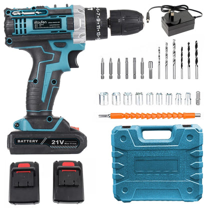 Cordless Drill: Multifunctional 21V rechargeable impact drill lithium battery cross-border flashlight gun drill electric screwdriver electric dr