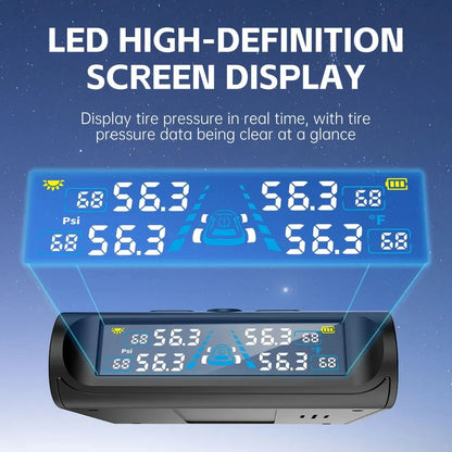 T121 USB/Solar TPMS Car Tyre Monitor with 4 External Temperature Sensors Digital LCD Display 0-6.8Bar Tire Pressure Gauge