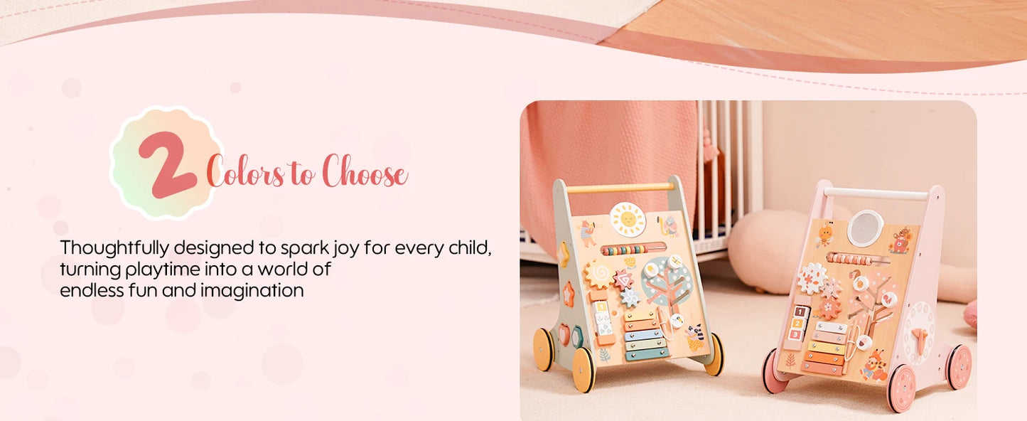 ROBOTIME ROBUD Wooden Baby Walker Baby Push Walker with Activity Center and Storage Montessori Walker Toy for Boys and Girls