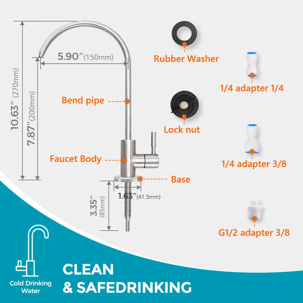 Water Filter Faucet Drinking Water Beverage Faucet 1/4"Kitchen Faucet Water Purifier Tap Drinking Tap Single Cold Water Sink Faucet Stainless Steel Filter Clean Water Faucet