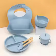 6pcs food grade silicone tableware set, bibs, bowls, plates, water cups, spoons, forks, baby utensils