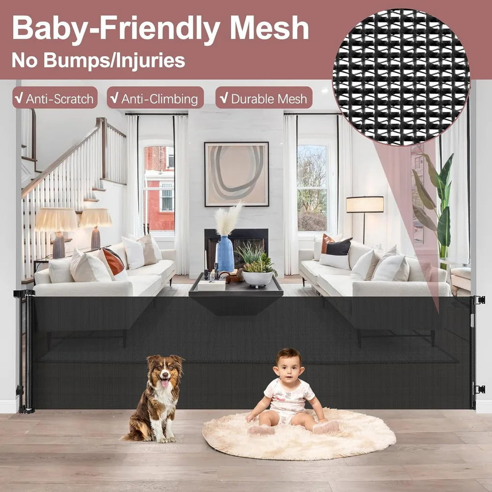 120inch Extra Wide Baby Safe Doorways Retractable Baby Gate Baby Safety Gate For Stairs Doorway Indoor Metal Dog Gate Balck Grey