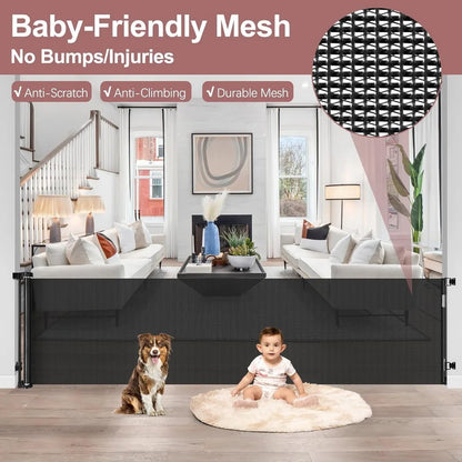 120inch Extra Wide Baby Safe Doorways Retractable Baby Gate Baby Safety Gate For Stairs Doorway Indoor Metal Dog Gate Balck Grey