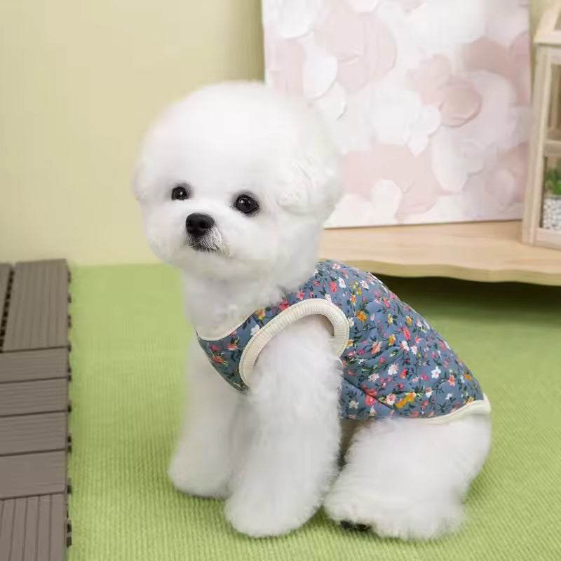 Dog Winter Jacket Dog Costume Navy Pink Sleeveless Vest Jacket Warm Comfortable Floral Cotton Vest Small Dog