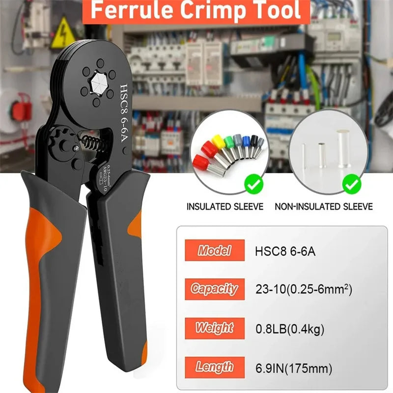Ferrule Crimping Tool Hexagonal Self-Adjustable Ratchet Kit 23-10AWG 0.25-6mm² Crimper Kit with 400-2000pcs Wire Terminals