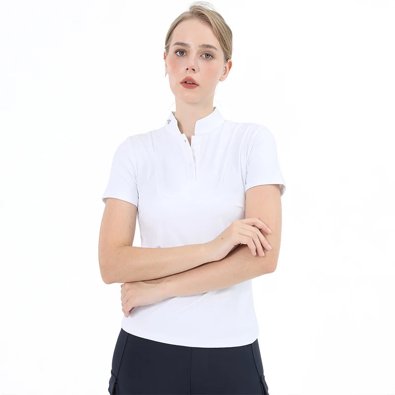 M LOGO Equestrian t-Shirts Short Sleeve Tops Horse Riding Clothing Women Button Training Rider Blouse Competition Show Top