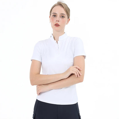 M LOGO Equestrian t-Shirts Short Sleeve Tops Horse Riding Clothing Women Button Training Rider Blouse Competition Show Top