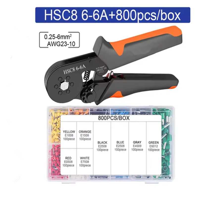 Ferrule Crimping Tool Hexagonal Self-Adjustable Ratchet Kit 23-10AWG 0.25-6mm² Crimper Kit with 400-2000pcs Wire Terminals