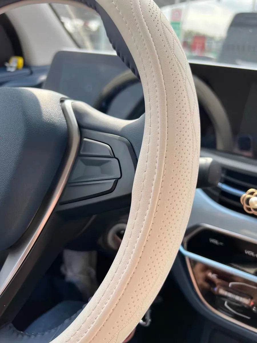 Napa Leather Perforated Patchwork Car Steering Wheel Cover, Non-slip, Breathable, Universal 15 Inch (Approx. 38cm)