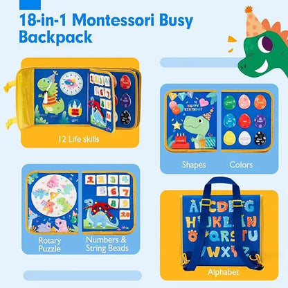 Toddler Busy Board Montessori Toys Learning Educational Activities Travel Toy Dinosaur Dress up Sensory Life Skill Backpack