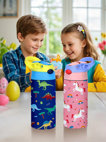 Kids Insulated Water Bottle with Straw Lid & Handle Stainless Steel Metal Tumbler Leak Proof Double Wall Vacuum Kids Cup Toddler Water Bottle for School Boys Girls