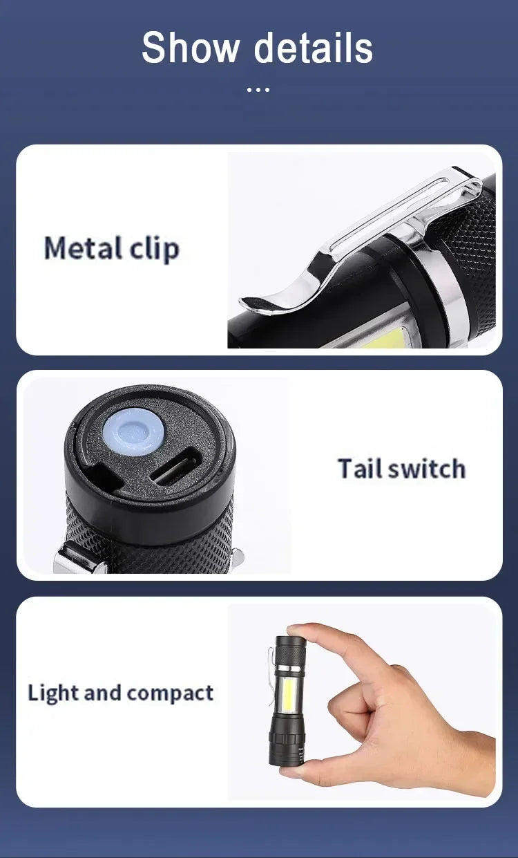 3 PCS Mini LED COB Flashlight Portable Rechargeable Torch with Pen Clip Zoomable Waterproof Light Tactical Lamp Camping Lantern