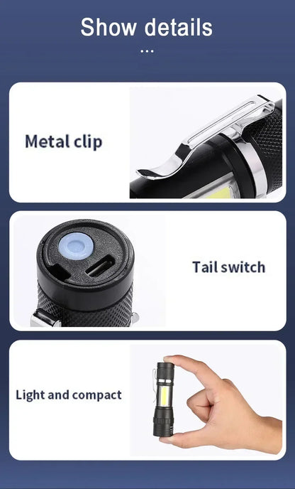 3 PCS Mini LED COB Flashlight Portable Rechargeable Torch with Pen Clip Zoomable Waterproof Light Tactical Lamp Camping Lantern